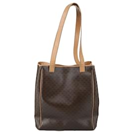 Céline-CELINE Macadam Canvas Tote Bag PVC Leather Brown Gold Auth 104908-Brown,Golden