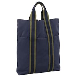 Hermès-HERMES Fourre Tout cabas Tote Bag en toile bleu marine argent authentique ti2567-Argenté,Bleu Marine