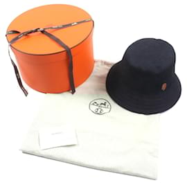 Hermès-HERMES Fred Crews Carrousel Cotton Leather Bucket Hat-Blue