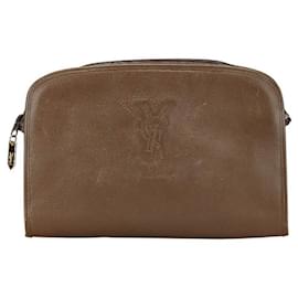 Yves Saint Laurent-YSL Logo Leather Clutch Bag Brown-Brown