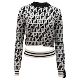 Fendi-Pull court en tricot intarsia Monogram Zucca monochrome Fendi en laine noire et blanche-Noir