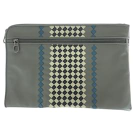Bottega Veneta-Bottega Veneta Leather Intrecciato Clutch Bag-Grey