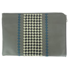 Bottega Veneta-Bottega Veneta Leather Intrecciato Clutch Bag-Grey