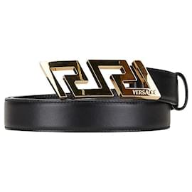 Versace-Cinto de couro Greca preto e dourado da Versace-Preto