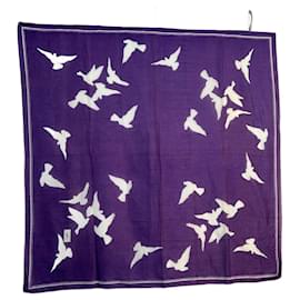 Foulard Yves Saint Laurent en coton blanc et violet motifs colombes Blanc Violet