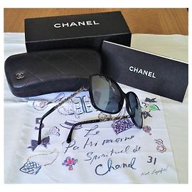 Óculos de sol CHANEL oversized em excelente estado - com acessórios Preto Cinza