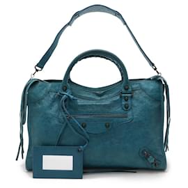 Balenciaga-Balenciaga The City Leather Handbag Turquoise-Blue