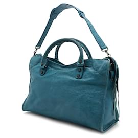 Balenciaga-Balenciaga The City Leather Handbag Turquoise-Blue