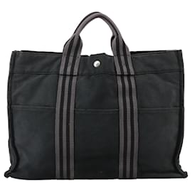 Hermès-HERMES Fourre Tout MM Sac Tote Toile Noir Gris Auth ti2559-Marron,Noir
