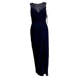 Vera Wang Navy chiffon evening dress with illusion neck Navy blue