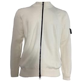 Stone Island-Stone Island Rib Knit Zip Sweater in White Wool-White,Cream