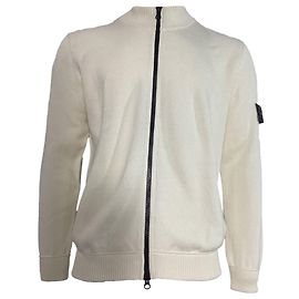 Stone Island Rippenstrick-Zip-Pullover aus weißer Wolle Weiß Roh