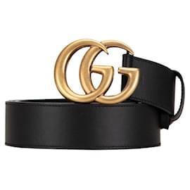 Gucci-Cinto de couro Gucci com fivela dupla G preta e dourada-Preto
