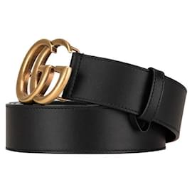 Gucci-Cinto de couro Gucci com fivela dupla G preta e dourada-Preto