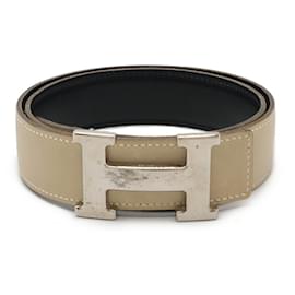 Hermès-Cinto de couro reversível H Hermes preto prateado-Marrom,Bege