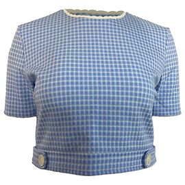Miu Miu Cropped Scalloped Gingham Stretch-Knit Top in Light Blue Polyamide Blue Light blue