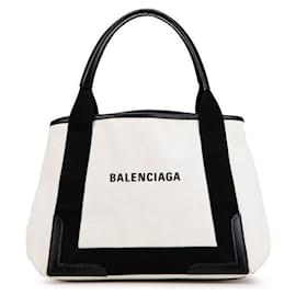 Balenciaga-Balenciaga Navy Cabas Small Canvas Leather Handbag-White