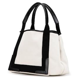Balenciaga-Balenciaga Navy Cabas Small Canvas Leather Handbag-White