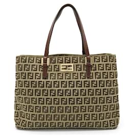 Fendi-Fendi Zucchino Canvas Leather Mini Tote Bag-Brown,Beige