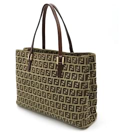 Fendi-Fendi Zucchino Canvas Leather Mini Tote Bag-Brown,Beige