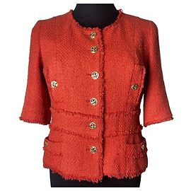 Chanel 10P Runway Red Boucle Tweed Fringe Jacket FR 44 Red