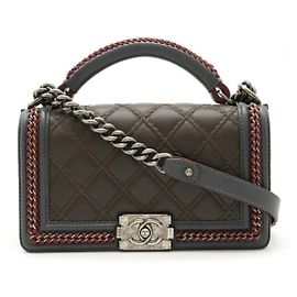 Chanel Boy Top Handle Flap Bag Leather Grey