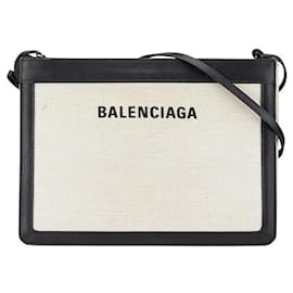 Balenciaga-Balenciaga Canvas Leather Navy Pochette Crossbody-White