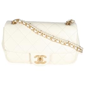 Chanel-Chanel White Shiny Quilted Lambskin Pearl Chain Mini Flap Bag-White