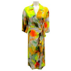 Vestido envolvente con cinturón tie-dye multicolor amarillo neón de Dries van Noten Multicolor