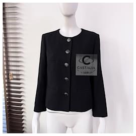 Chanel-Coco Brasserie CC Camellia Buttons Black Tweed Jacket-Blue