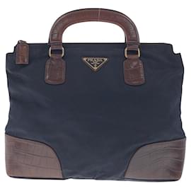 Prada-Prada Nylon Leather Tessuto Embossed Logo Tote-Blue