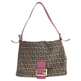 Fendi-Fendi Zucchino Mamma Bucket Canvas Leather Shoulder Bag-Brown