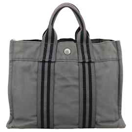 Hermès-HERMES Fourre Tout PM Sac Tote Toile Noir Gris Auth ti2563-Marron,Noir