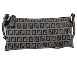 Fendi-FENDI Zucchino Canvas Shoulder Bag Navy Silver Auth 101961-Silvery,Navy blue