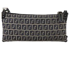Fendi-FENDI Zucchino Canvas Shoulder Bag Navy Silver Auth 101961-Silvery,Navy blue