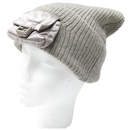 Fendi-NINE FENDI BEANIE BAGUETTE M L 56 60CM KNITTED WOOL BEANIE-Taupe