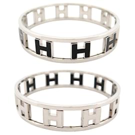 Hermès-HERMES RONDO ASH H ROTATING BRACELET 20CM PALADIN STEEL & BLACK LACQUER BANGLE-Silvery
