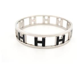 Hermès-HERMES RONDO ASH H ROTATING BRACELET 20CM PALADIN STEEL & BLACK LACQUER BANGLE-Silvery