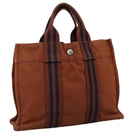 Hermès-HERMES Sac Tote Toile Marron Argent Auth ti2564-Marron,Argenté