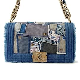 Chanel-Chanel Boy Patchwork Denim Shoulder Bag-Blue