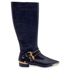 Versace Bottes de équitation en cuir noir avec boucles en métal doré taille 36 Noir