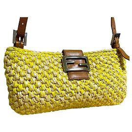 Fendi Yellow Rafia Woven Straw Shoulder Baguette Bag Yellow