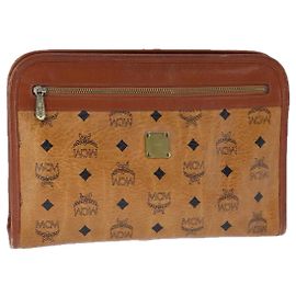 MCM Vicetos Logogram Bolsa Clutch em PVC Couro Marrom Dourado Auth bs21066 Marrom Dourado