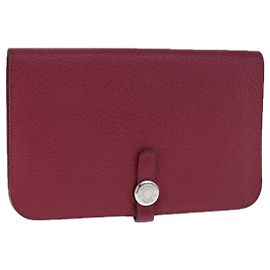 Hermès HERMES Dogon GM Wallet Leather Red Silver Auth kk428 Silvery Red