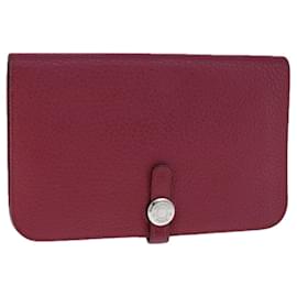 Hermès-HERMES Dogon GM Wallet Leather Red Silver Auth kk428-Silvery,Red