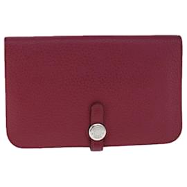 Hermès-HERMES Dogon GM Wallet Leather Red Silver Auth kk428-Silvery,Red