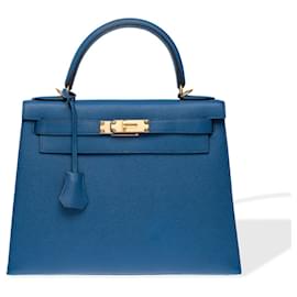 Hermès-HERMES Kelly 28 Bag in Blue Leather - 102373-Blue