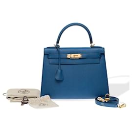 Hermès-HERMES Kelly 28 Bag in Blue Leather - 102373-Blue