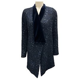 Elie Tahari Blue / Black Velvet Collar Animal Print Open Front Coat Blue