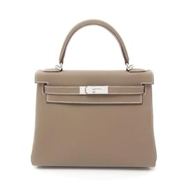 Hermès-Hermes Kelly 28 Handbag in Togo Leather-Brown,Taupe